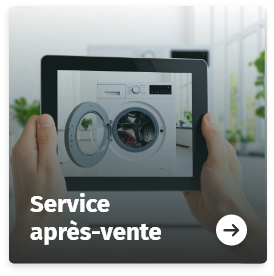 Personnes utilisant l'assistance visuel speakylink via une tablette pour montrer une machine à laver